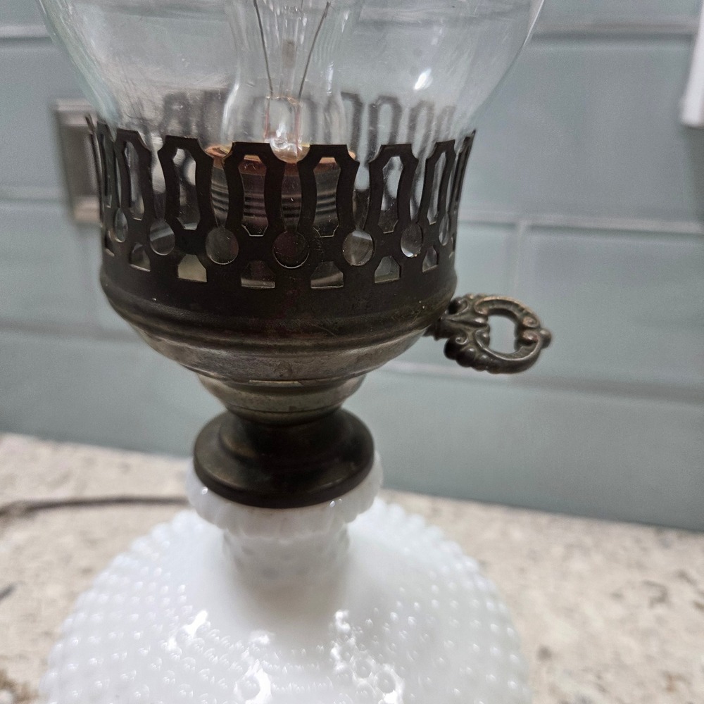 Vintage Hobnail Milk Glass Hurricane Lamp White Electric Tabletop Light - Picture 9 of 14